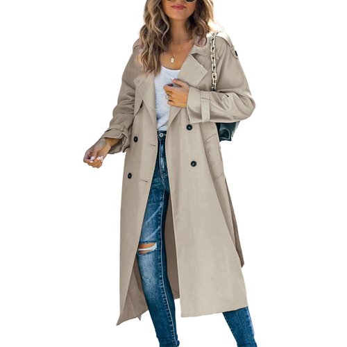 Makkrom Women's Double Breasted Long Trench Coat Windproof Classic Lapel Slim Overcoat with Belt