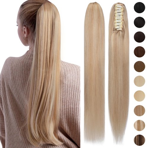 S-noilite Claw Clip Ponytail Extension Human Hair #1B Natural Black Real Remy Human Hair Ponytail Extension 18inch Long Straight Hair Pony Tails Hair Extensions For Women 115Grams