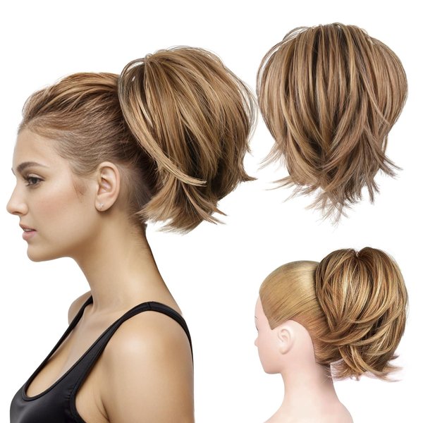 CROWN GUIDE Ponytail Extension 12 Inch Straight Ponytail for Women Human Hair Short Synthetic Pony Tails Brown Hair Extensions Ponytail Claw Clip in Hair Piece Updo Wigs