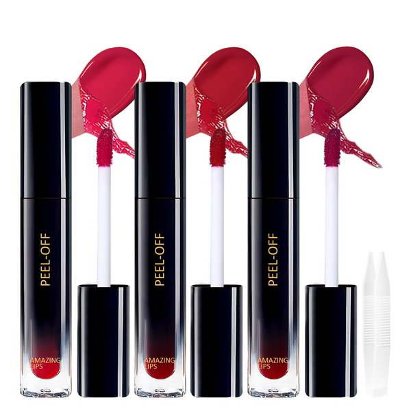 YBUETE 3 Colors Peel Off Lip Liner Stain, Peel Off Lip Stain with Matte Finish, Peel Off Mask Tint, Waterproof, Long Lasting, Transfer Proof Red Lip Tint, Highly Pigmented Color