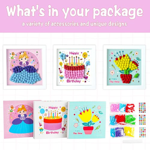 JOFONY 3 PCS DIY Pom Pom Art Painting Kit,Makes 3 Art Pieces DIY Cake Princess Flowers Pom Pom Arts and Crafts for Kids Boys and Girls Age 3+ Toddler