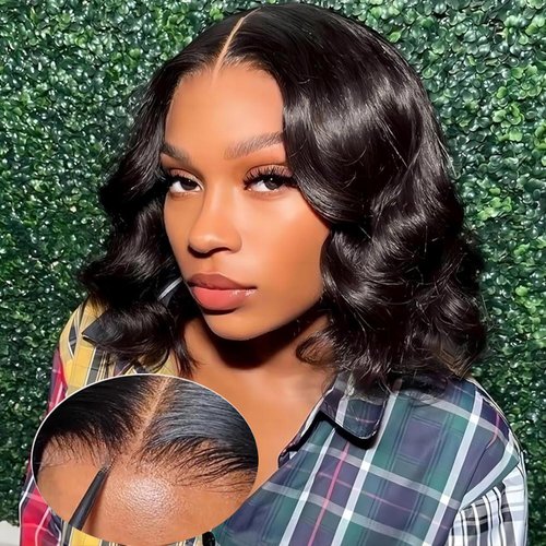 Glueless Bob Wigs Human Hair Body Wave 4x4 Closure Bob Wig Human Hair Wear and Go Glueless Wigs Pre Plucked Pre Cut Short Bob Wig Human Hair Natural Hairline 150% Density Natural Color ( 10 Inch )