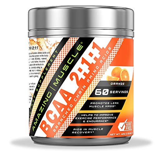 Amazing Muscle BCAA 2:1:1 Branched Chain Amino Acids Supplement | 6000 Mg Per Serving | Orange Flavor | 60 Servings