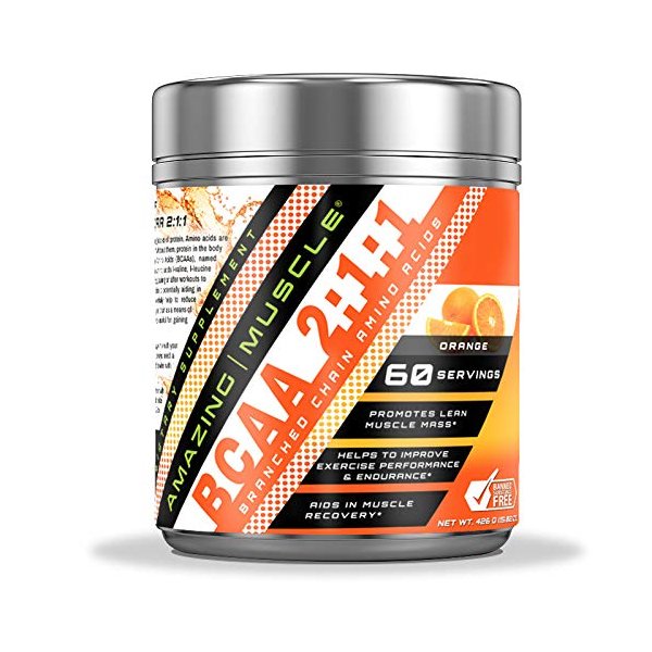 Amazing Muscle BCAA 2:1:1 Branched Chain Amino Acids Supplement | 6000 Mg Per Serving | Orange Flavor | 60 Servings