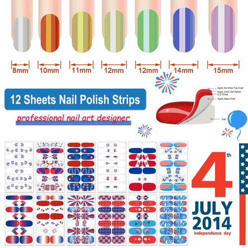 DANNEASY 12 Sheets Independence Day Nail Wraps 4th of July Nail Polish Stickers Self Adhesive Nail Polish Strips Gel Fingernail Sticker Nails for Women with Nail File, Cuticle Stick