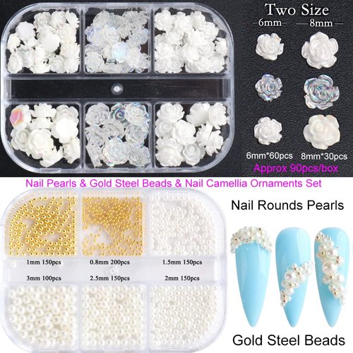 90 Pcs 5D Mixed White Flower Camellia Nail Art Set And 900 Pcs 3D Nail Art Supplies Round Pearls Caviar Beads Nails Charms Tips Nail Glitter Accessories for Women Acrylic Nail Art Decorations
