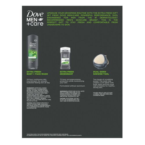 Dove Men+ Care Gift Set – Dove Face + Body Wash, Dove Antiperspirant, Refreshing Extra Fresh Scent, Dove Active Clean Dual-Sided Shower Tool, Christmas Gifts for Men (3 Piece Set)