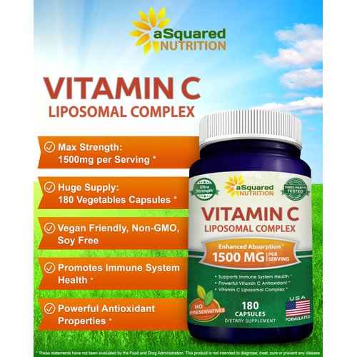aSquared Nutrition Vitamin C Liposomal Complex - 1500mg Supplement - 180 Capsules - High Absorption VIT C Ascorbic Acid Pills - Supports Immune System & Collagen Health - 90 Servings
