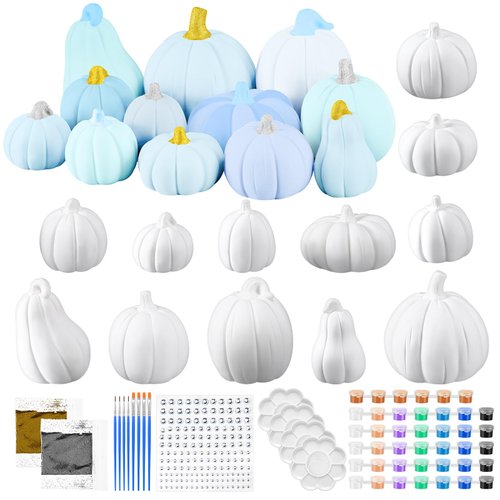 Vertintong 12 Set Ceramic Pumpkins DIY Painting Kit Fall Theme Ready to Paint Pumpkin Statues Paint Your Own Thanksgiving Pumpkin Figurines Unpainted Crafts with Brush Palette Paint(Blue Color)
