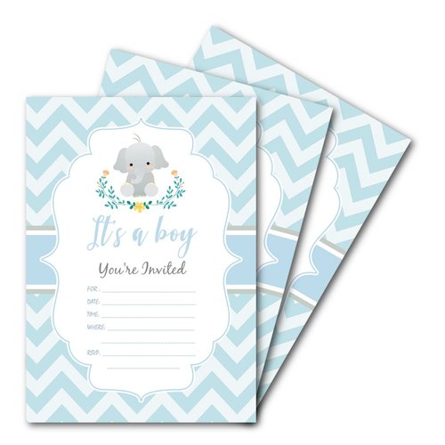 Product Hut 'It's a Boy' Elephant Baby Shower Invitations - Blue Chevron-Themed Invite Cards, Pack of 25 with Envelopes