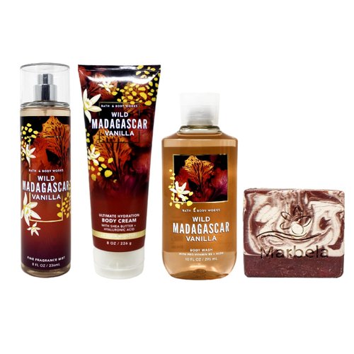 Bath & Body Works Wild Madagascar Vanilla 3 Piece Set with a Cherry On Top Bar Soap - Fragrance Mist - Body Cream - Body Wash - Full Size