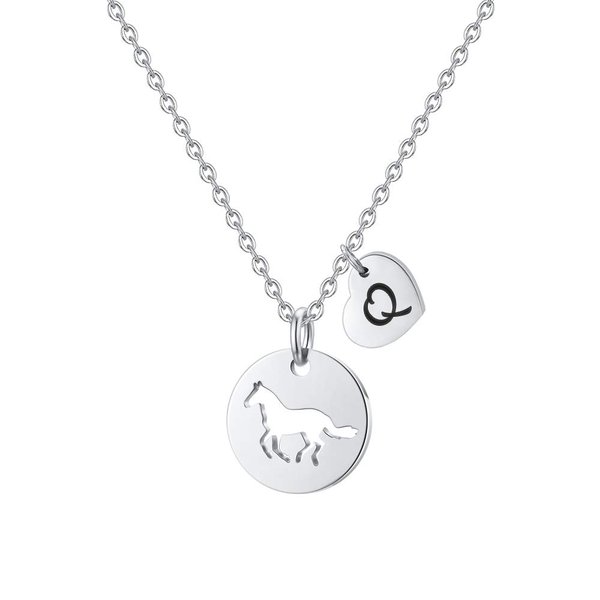 MONOOC Horse Lover Gifts for Women, Stainless Steel Jewelry Horse Necklace Q Initial Necklace Heart Initial Letter Necklace Horse Gifts for Girls Horse Pendant Necklace Horse Jewelry for Girls Child