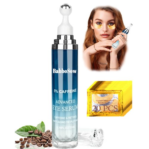 GAOMIER Caffeine Eye Cream and 24K Gold Eye Mask (20 pcs): Under Eye Serum for Dark Circles and Puffiness Eye Care Eye Serum Anti Aging with 360° Massage Ball Reduce Eye Bags, Wrinkles and Fine Lines