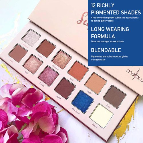 Mellow Cosmetics Sinopia Eyeshadow Palette Makeup (12 Colors) with Matte, Shimmer, Metallic, Warm & Nude Shades - Highly Pigmented & Easily Blendable Colorful Eye Shadow Pallet Vegan & Cruelty Free