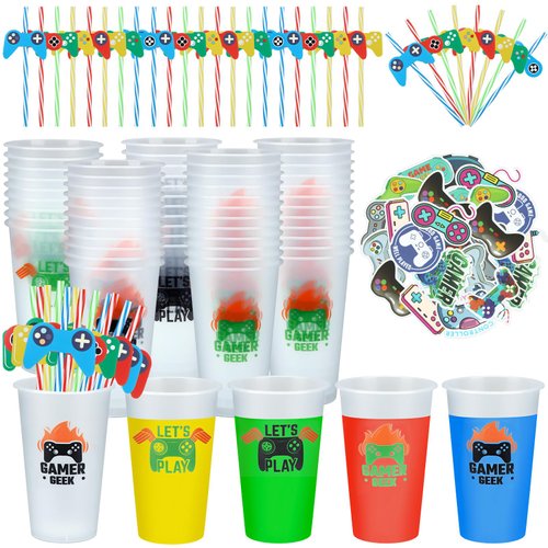 Lallisa 50 Pcs Video Game Party Favors Cups Reusable 16 oz Plastic Cups with Drinking Straws, Stickers, Party Pattern Cardboard Cards and Point Glue for Birthday Party Supplies