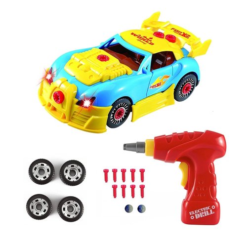 Pup Go Construction Toys Take Apart Toy Car Racing 30 Pieces with Realistic Sounds & Lights – Build Your Own Car Kit with Electric Drill Tool for 3 Year Old Boys(4 Spare Screws Included)