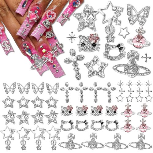 48PCS Y2K Nail Charms and Gems 3D Silver Star Butterfly Planet Cross Nail Charms for Acrylic Nails Design Kawaii Nail Jewels for Nail Art…