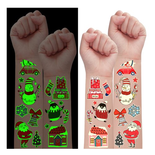 Partywind 235 Styles Glow Christmas Tattoos for Kids Stocking Stuffers, Luminous Christmas Party Decorations Supplies Favors, Holiday Party Games Toys, Santa Snowflake Decor (24 Sheets)