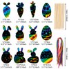 GOMANCHE 48 Pcs Easter Scratch Crafts for Kids, Rabbit Bunny Carrot Easter Egg Rainbow Scratch Paper Ornaments with Wooden Stick and Ribbon for Easter Party Favors