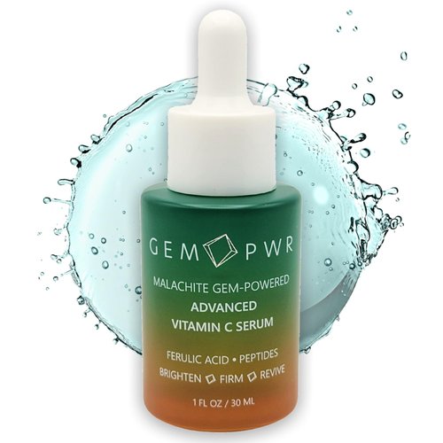 GEM PWR Advanced Vitamin C Serum with Malachite Gemstone Extract | Skin Brightening Face Serum with 10% Vitamin C | Antioxidants, Ferulic, Hyaluronic, Niacinamide & Peptides | 1 Fl. Oz