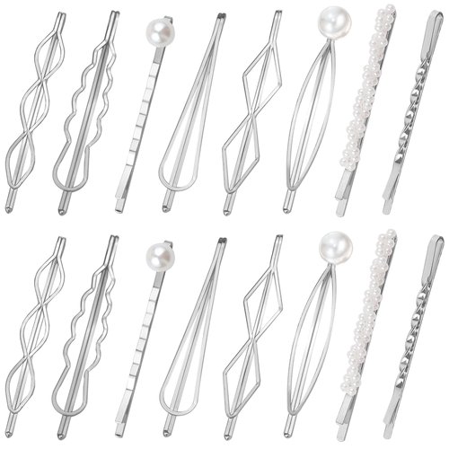 BOYIVI 16PCS Hair Pin Geometric Metal Hair Clip Elegant Hair Barrettes Bridal Silver Metal Dainty Embellished Pins for Women and Girl (Silver)
