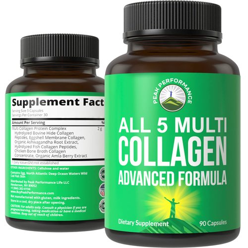 Peak Performance All 5 Multi-Collagen Capsules 90 Pills of Grass Fed Collagen Peptides Protein. with All 5 Collagen Types I, II, III,V, X. Grass Fed Beef, Fish, Chicken, Bone Broth Supplement