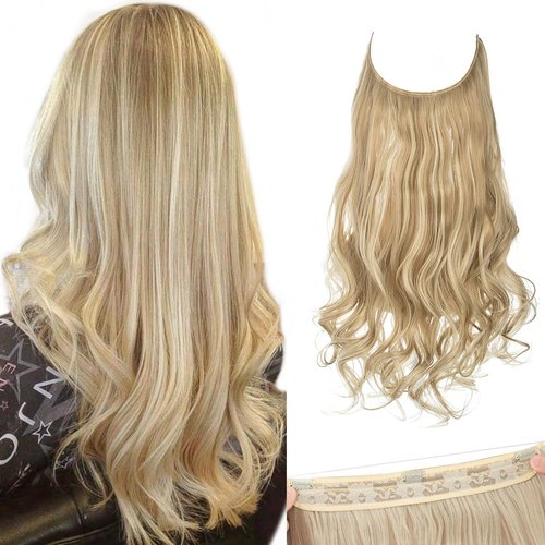 SARLA Invisible Wire Hair Extensions with 3 Clips Dirty Blonde Short Synthetic Wavy Curly Hairpie...
