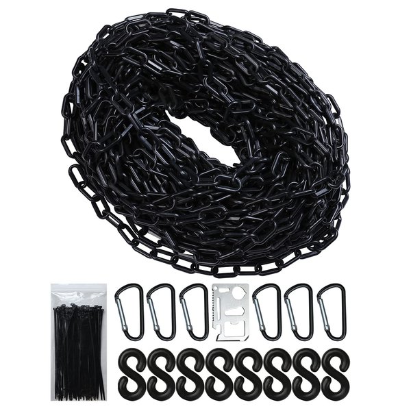 Black Plastic Chain - 65 32 50 Feet Plastic Safety Barrier Chain for Crowd Control, Parking Barrier and Delineator Post with Base - Safety Security Chain with Accessories