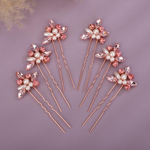 Teyglen 6pcs Crystal Pearl Bridal Hair Pins Pink Rhinestone Wedding Hair Pins Clips Set Handmade ...