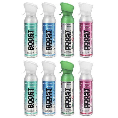 Boost Oxygen 5 Liter Canister for Respiratory Support Includes 2 Natural, 2 Peppermint, 2 Menthol Eucalyptus, and 2 Pink Grapefruit (8 Pack)