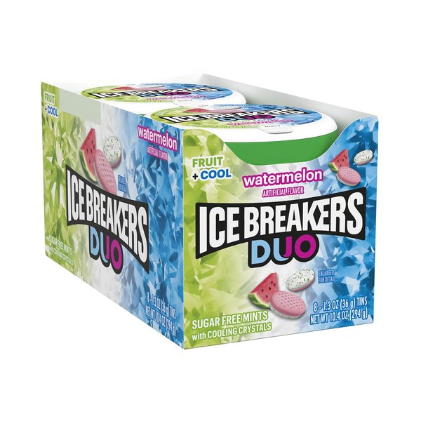 ICE BREAKERS Duo Fruit Plus Cool Watermelon Sugar Free Breath Mints Tins, 1.3 oz (8 Count)