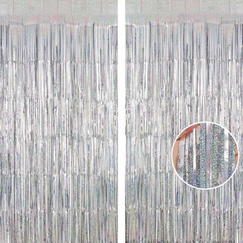 Silver Tinsel Foil Fringe Curtain Backdrop, 3.3 x 8.2 ft Metallic Glitter Curtain Streamers, 2 Pack Silver Photoboth for Birthday New Year Eve 2024 Disco Party Decorations
