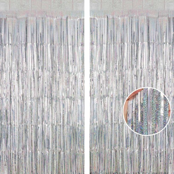 Silver Tinsel Foil Fringe Curtain Backdrop, 3.3 x 8.2 ft Metallic Glitter Curtain Streamers, 2 Pack Silver Photoboth for Birthday New Year Eve 2024 Disco Party Decorations