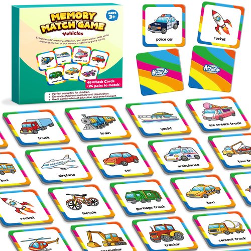 Aizweb Match Game,Memory Game, Vehicle 48 Pcs Toddler Card Games for Kids Ages 3 4 5 6,Flash Cards for Preschool Kindergarten Learning Activities,Educational Toys Homechool Supplies