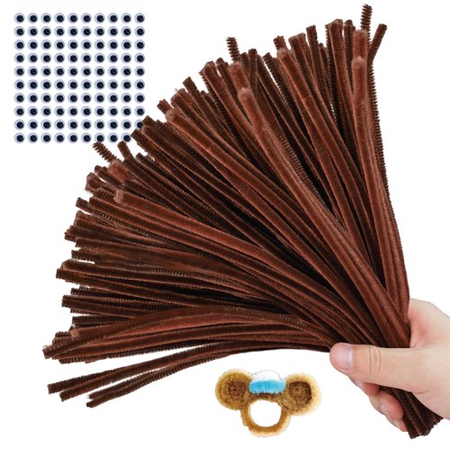 AHUIFT Upgraded 100PCS Brown Pipe Cleaners Chenille Stems Craft Bulk DIY Art Supplies with Googly Eyes Thicker Fuzzy Sticks Wire for Adults and Toddlers