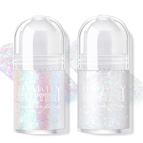 HOSAILY 2 Colors Roll-on Body Glitter Gel, Holographic Glitter Gel Under Light for Body, Hair, Face, Body Shimmer Hair Glitter Gel for Rave Accessories Christmas New Year Halloween Makeup (11+13)