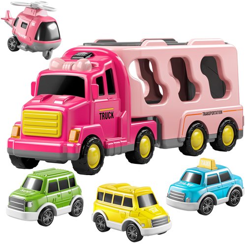 TEMI Girls Toddler Truck Toys for 3 4 5 6 Year Old Girls, 5-in-1 Friction Powered Vehicle Car Toy for Toddlers 3-6, Carrier Toys for Kids 3-5, Christmas Birthday Gifts for Girls Age 3-9