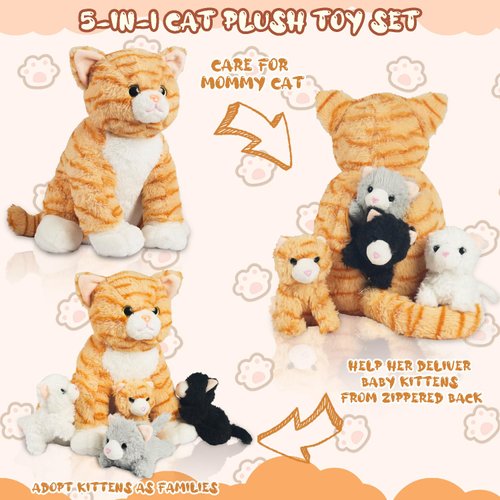 XYHQYB 5 Pcs Cat Stuffed Animals, 12 Inch Stuffed Mommy Cat Plush Toy with 4 Kitten Babies in Zippered Pouch, Nurturing Mom and Baby Stuffed Cats for Kids Christmas Birthday Gifts Party Decor