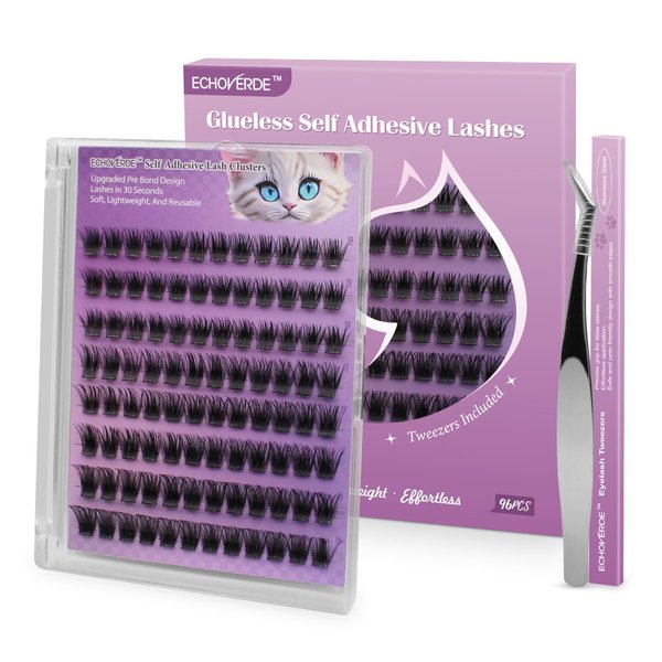 ECHOVERDE Press On Lash Clusters. Self Adhesive Eyelashes 10-14mm Volume Thick and Durable with Lash Tweezers. DIY Lash Extension Kit Affordable for Any Occasion. No Glue Needed. (96PCS, D Curl)
