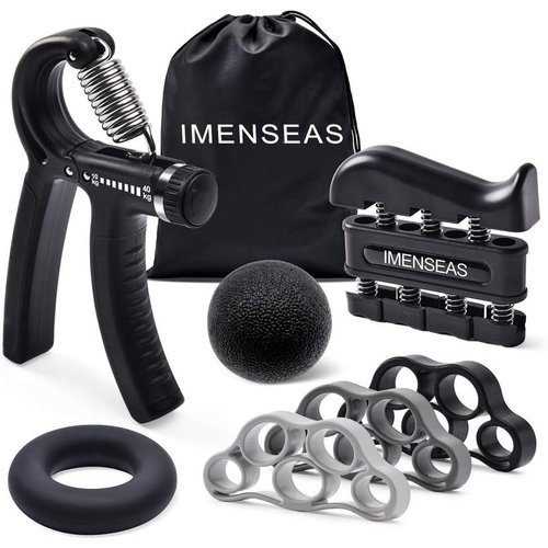 IMENSEAS Grip Strength Trainer 7 Pack Adjustable Hand Gripper, Finger Stretcher Resistance Extensor Bands, Finger Exerciser, Grip Strength Ring & Stress Relief Ball, Hand Grip Strengthener, Black