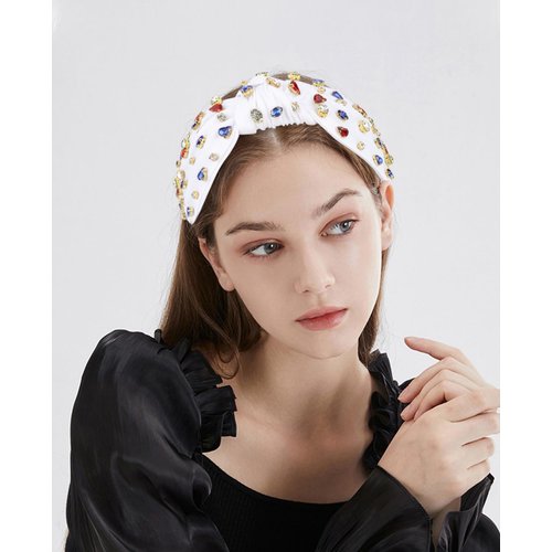 Wecoe 1pc White Knotted Headband For Women Girls Rhinestone Headband Wide Headbands Non Slip Fashion Cloth Sparkly Red Blue White Beaded Embellished Headband Hair Accessories For Women Girls
