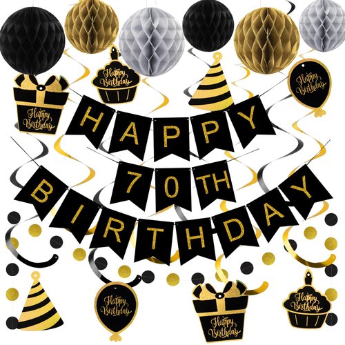 YEOCU 70th Birthday Decorations, Happy Birthday Banner with Honeycomb Balls, Gifts Hanging Swirl ...