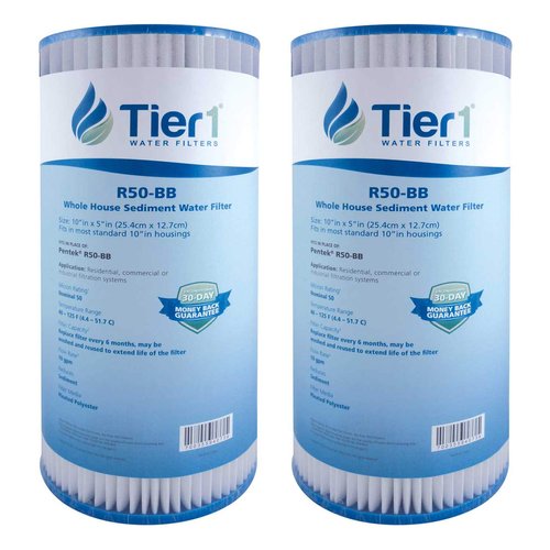 Tier1 50 Micron 10 Inch x 4.5 Inch | 2-Pack Pleated Polyester Whole House Sediment Water Filter Replacement Cartridge | Compatible with Pentek R50-BB, 155053-43, SPC-45-1050, Home Water Filter