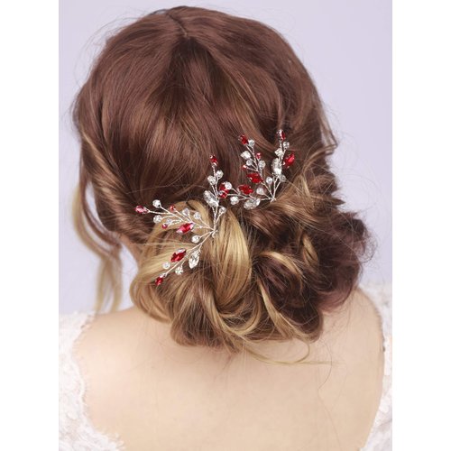Kercisbeauty 2pcs Handmade Red Rhinestones Beads Hair Pins for Brides Hair Piece for Wedding Prom(Silver)