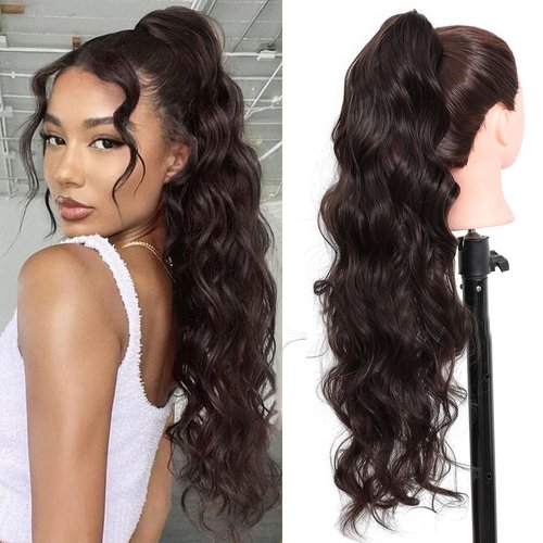 Vexwig Hair Ponytail Extension 26" Claw Clip In Ponytail Hair Extensions Jaw Clip in Long Curly Wavy Pony Tails Hair Extension Natural Looking Synthetic Hair piece for Women Chocolate Dark Brown 6#