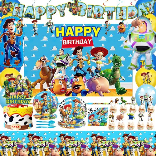 Toy Cartoon Story Party Supplies, Toy Themed Story Birthday Party Decorations Including Backdrop, Birthday Banner, Hanging Swirls, Balloons, Cake Toppers, Forks, Plates and Napkins for Cartoon Party