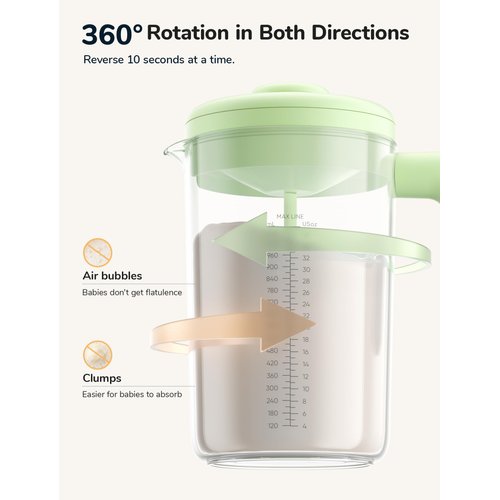 NehNeh Baby Electric Baby Formula Mixing Pitcher, Bi-directional Alternating Stirring | No Air Bubble | No Clumps | No Drip Spout | Spill-free Lid | Infant Formula Pitcher Mixer 36Oz, BPA Free -Green