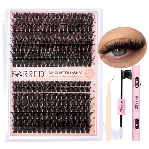 FARRED Lash Clusters Kit Wispy Individual Lashes Extensions 9-16MM Natural 80D+100D Eyelash Cluster 320PCS with Lash Bond and Lash Seal and Lash Tweezers DIY Eyelash Extensions (80D&100D KIT-320PCS)
