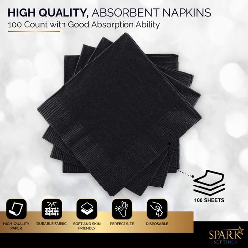 Amcrate Big Party Pack 100 Count Black Beverage Napkins - Ideal for Wedding, Party, Birthday, Dinner, Lunch, Cocktails. (5” x 5”)