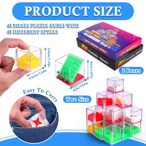 Dyrfolm 48 Pcs Brain Teaser Puzzles for Kids,Mini Maze Puzzle Cubes,Assorted 3D Brain Teaser Puzzle Cubes,Mini Fidget Puzzle Box,Balance IQ Maze Cube Game Party Favor Games Challenge Decompression